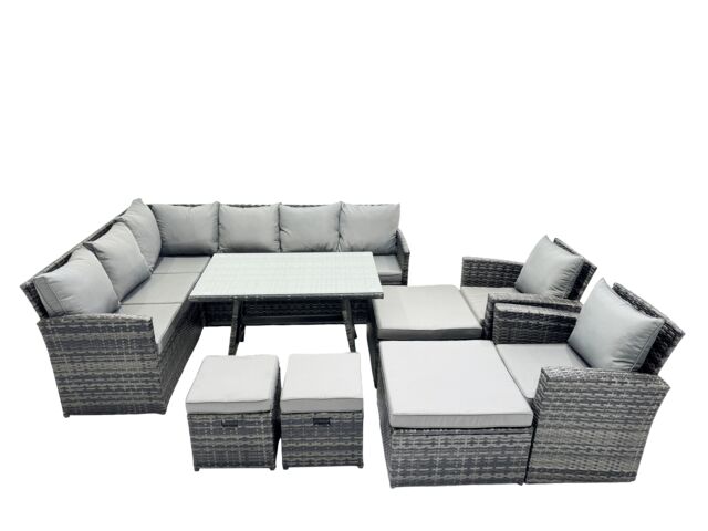 Fimous 12 Seat Patio Oblong Dining Table Corner Sofa Set with 4 Stool 2 Chair in Dark Grey - image 1