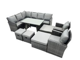 Fimous 12 Seat Patio Oblong Dining Table Corner Sofa Set with 4 Stool 2 Chair in Dark Grey - thumbnail 2