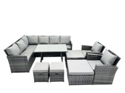 Fimous 12 Seat Patio Oblong Dining Table Corner Sofa Set with 4 Stool 2 Chair in Dark Grey - thumbnail 1