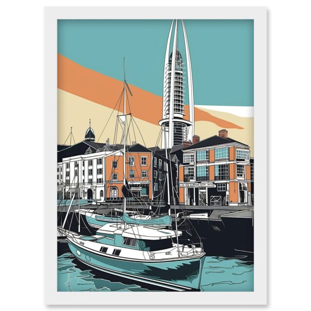 Artery8 Portsmouth Historic Dockyard Modern Linocut Style Artwork Framed Wall Art Print A4 in White - image 1
