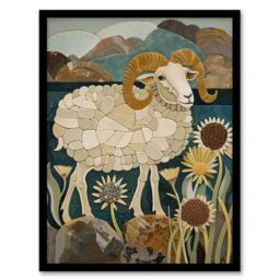 "Artery8 Rocky Mountain Bighorn Sheep Mosaic Floral Framed Art Print in Brown - Size: W12"" x H16""" - thumbnail 1
