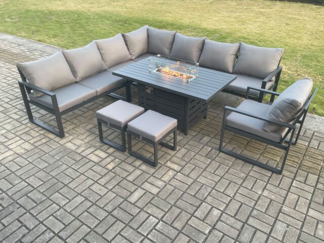 Fimous Aluminium 10 Seater Garden Furniture Outdoor Set Patio Lounge Sofa Gas Fire Pit Dining Table Set with Chair Dark Grey
