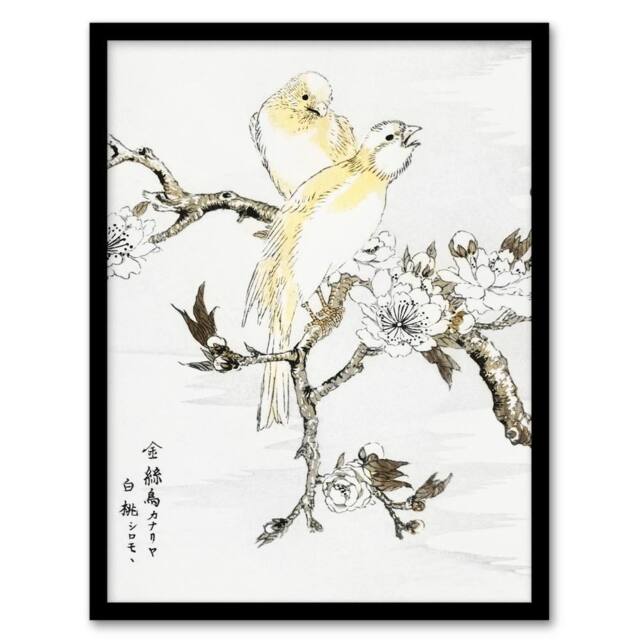 Artery8 Canary Peach Tree Flowers Vintage Japan Framed Wall Art Print Kashu - Size: A4 - image 1