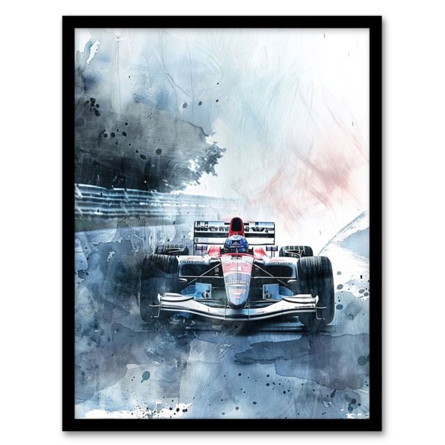 "Artery8 Race Car Modern Watercolour Racetrack Action Shot Framed Art Print in Blue - Size: W12"" x H16""" - image 1