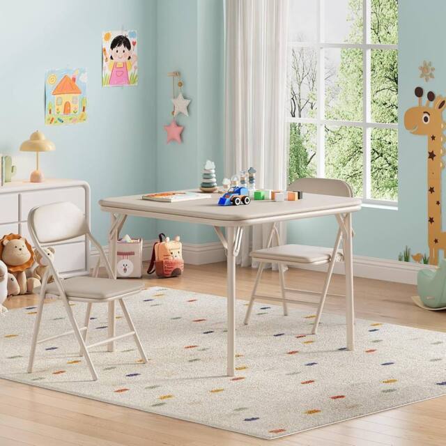 London Boutique 3PCS Kids Folding Table & Chair Set Dining Table &2 Upholstered Chairs in Beige - image 1