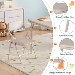 London Boutique 3PCS Kids Folding Table & Chair Set Dining Table &2 Upholstered Chairs in Beige - thumbnail 5