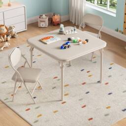 London Boutique 3PCS Kids Folding Table & Chair Set Dining Table &2 Upholstered Chairs in Beige - thumbnail 2