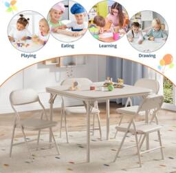 London Boutique 3PCS Kids Folding Table & Chair Set Dining Table &2 Upholstered Chairs in Beige - thumbnail 7