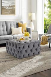 Living and Home 70cm W Grey Velvet Buttoned Tufted Square Footstool Coffee Table - thumbnail 2