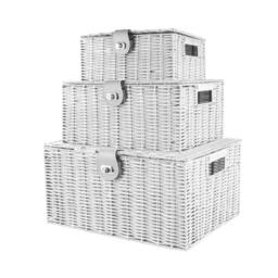 VOGREX Set of 3 Resin Wicker Woven Storage Baskets Hamper Box in White - thumbnail 1