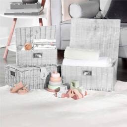 VOGREX Set of 3 Resin Wicker Woven Storage Baskets Hamper Box in White - thumbnail 5
