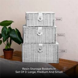 VOGREX Set of 3 Resin Wicker Woven Storage Baskets Hamper Box in White - thumbnail 4