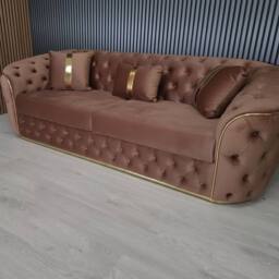 Stratus Interiors Ambassador Velvet Chesterfield Sofa- Gold Trim - No Frill - 3 Seater in Taupe