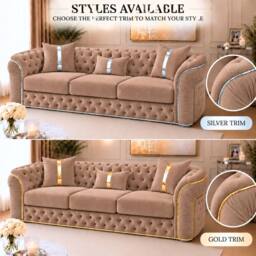 Stratus Interiors Ambassador Velvet Chesterfield Sofa- Gold Trim - No Frill - 3 Seater in Taupe - thumbnail 3