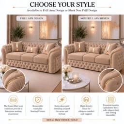 Stratus Interiors Ambassador Velvet Chesterfield Sofa- Gold Trim - No Frill - 3 Seater in Taupe - thumbnail 4