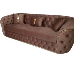 Stratus Interiors Ambassador Velvet Chesterfield Sofa- Gold Trim - No Frill - 3 Seater in Taupe - thumbnail 2