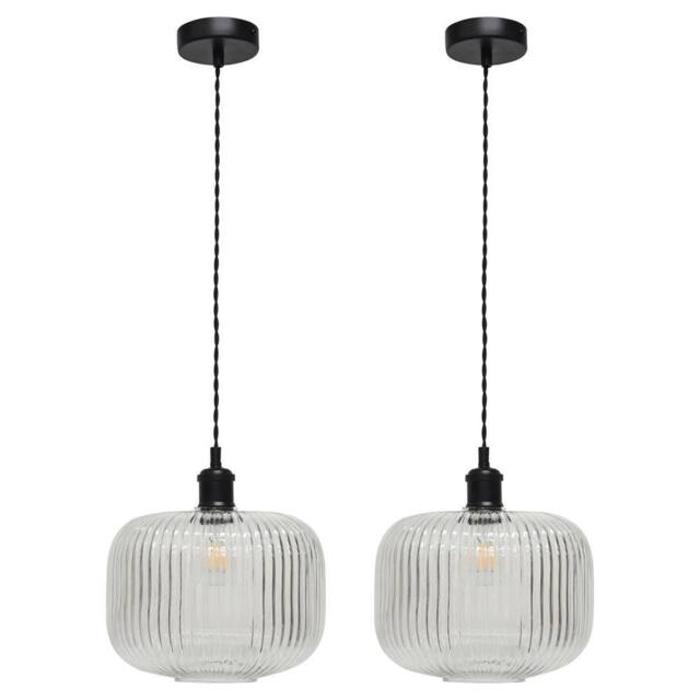 First Choice Lighting Set of 2 Batley Large - Clear Ribbed Glass Black Retro Pendants - image 1