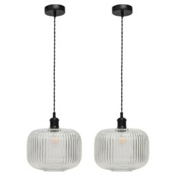 First Choice Lighting Set of 2 Batley Large - Clear Ribbed Glass Black Retro Pendants - thumbnail 1
