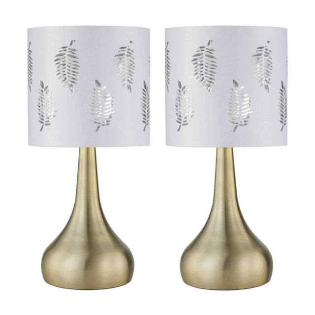 First Choice Lighting Set of 2 Romana - Antique Brass Touch Lamps with White Fern Shades in Gold - image 1