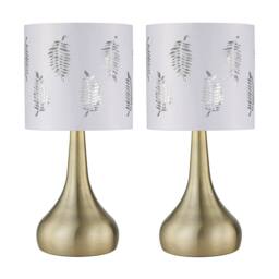 First Choice Lighting Set of 2 Romana - Antique Brass Touch Lamps with White Fern Shades in Gold