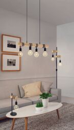 Loops Quad Ceiling Light & 2x Matching Wall Lights Black & Wood Hanging Trendy Lamp - thumbnail 4