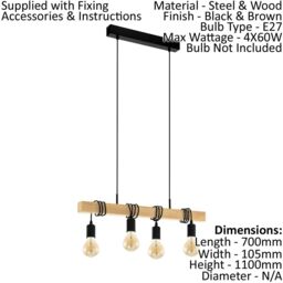 Loops Quad Ceiling Light & 2x Matching Wall Lights Black & Wood Hanging Trendy Lamp - thumbnail 2