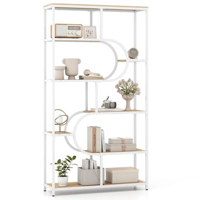 Gymax Industrial 8-Tier Bookshelf U-Shaped Bookcase Metal Frame Organizer in White - image 1