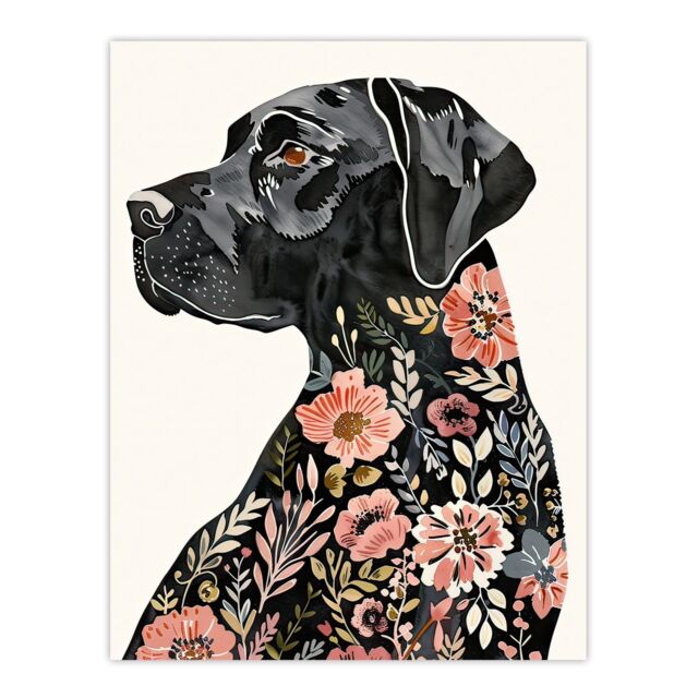 "Artery8 Black Labrador Dog Lover Floral Watercolour Wall Art Print - Size: W18"" x H24""" - image 1