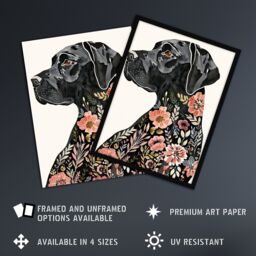 "Artery8 Black Labrador Dog Lover Floral Watercolour Wall Art Print - Size: W18"" x H24""" - thumbnail 2