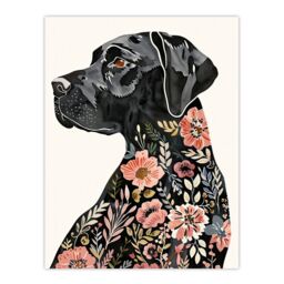 "Artery8 Black Labrador Dog Lover Floral Watercolour Wall Art Print - Size: W18"" x H24""" - thumbnail 1