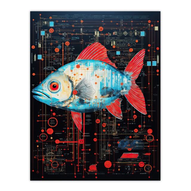 Artery8 Wall Art Print Gods Blue Fish Unclassified Creation Files Robot Hybrid Secret Military Schematic Futuristic Arcane Manuscript Gift For Him - image 1