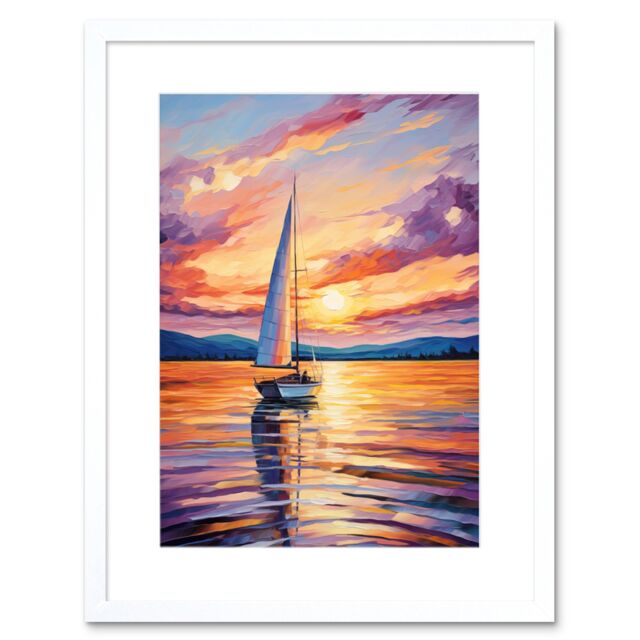 Artery8 Wall Art Print Sunset Sailing Vibrant Oil Painting Orange Purple Blue Bathroom Artwork Sail Boat Seascape Artwork Framed 9X7 Inch - image 1