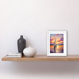 Artery8 Wall Art Print Sunset Sailing Vibrant Oil Painting Orange Purple Blue Bathroom Artwork Sail Boat Seascape Artwork Framed 9X7 Inch - thumbnail 2