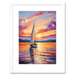 Artery8 Wall Art Print Sunset Sailing Vibrant Oil Painting Orange Purple Blue Bathroom Artwork Sail Boat Seascape Artwork Framed 9X7 Inch - thumbnail 1