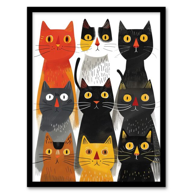 "Artery8 Wall Art Print Nine Cats 9 Quirky Fun Animals Cat Lover Art Framed Poster in Black - Size: W12"" x H16""" - image 1