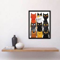 "Artery8 Wall Art Print Nine Cats 9 Quirky Fun Animals Cat Lover Art Framed Poster in Black - Size: W12"" x H16""" - thumbnail 4