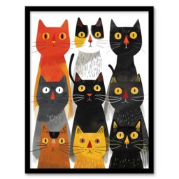 "Artery8 Wall Art Print Nine Cats 9 Quirky Fun Animals Cat Lover Art Framed Poster in Black - Size: W12"" x H16""" - thumbnail 1