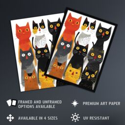 "Artery8 Wall Art Print Nine Cats 9 Quirky Fun Animals Cat Lover Art Framed Poster in Black - Size: W12"" x H16""" - thumbnail 2