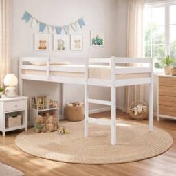 Aspire Cove Midsleeper Wooden Children's Bed Frame with Memory Foam Mattress in White - Size: Single - thumbnail 1