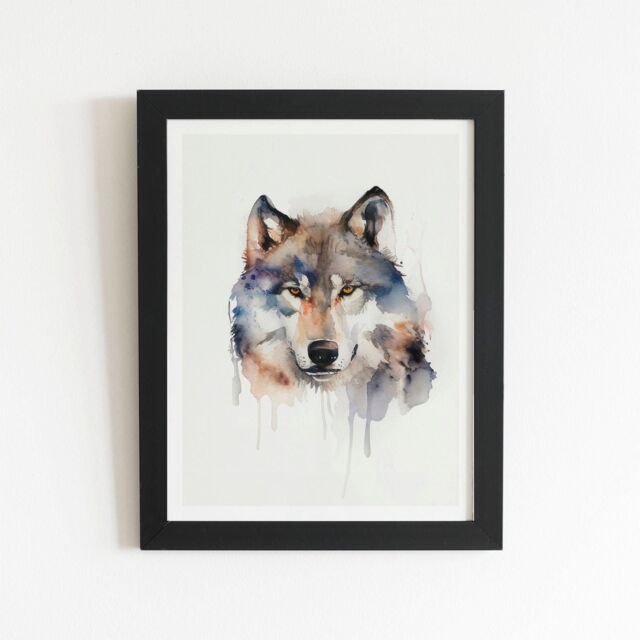 "Warren Reed - Designer Wolf Watercolour Framed Art Print in Black - Size: W8"" x H10""" - image 1