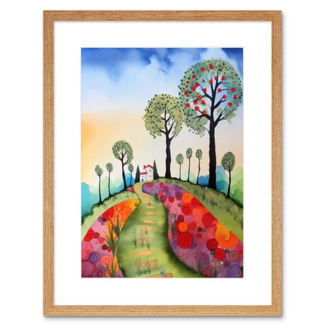 "Artery8 Wall Art Print Countryside House Path With Flowerbeds Folk Art Landscape Watercolour Painting Artwork Framed 9X7 Inch - Size: W7"" x H9""" - image 1