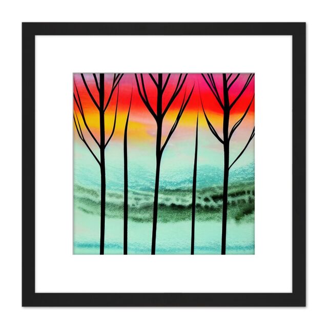 Artery8 Abstract Winter Trees Bright Vibrant Sunset Watercolour Painting Square Wooden Framed Wall Art Print Picture 8X8 Inch in Black - image 1