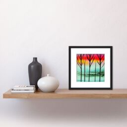 Artery8 Abstract Winter Trees Bright Vibrant Sunset Watercolour Painting Square Wooden Framed Wall Art Print Picture 8X8 Inch in Black - thumbnail 2