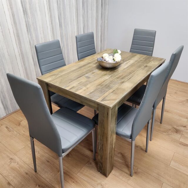 KOSY KOALA Dining Table & 6 Chairs - Rustic Effect Wood Table With 6 Grey Chairs Dining Room Furniture in Brown - image 1