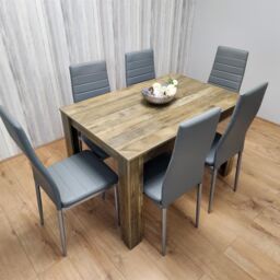 KOSY KOALA Dining Table & 6 Chairs - Rustic Effect Wood Table With 6 Grey Chairs Dining Room Furniture in Brown - thumbnail 4