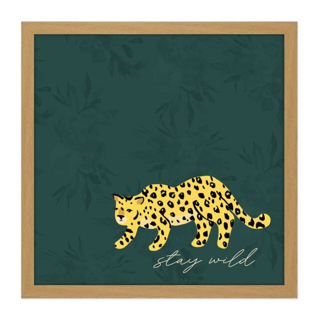 "Artery8 Wall Art Print Stay Wild Leopard Jungle Square Framed Picture 16X16 Inch in Light Oak - Size: W16"" x H16""" - image 1