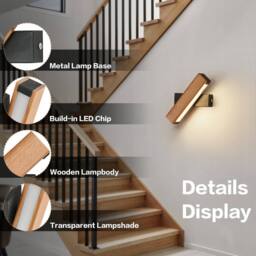 COMELY Wooden Indoor Wall Lights, 4W 360 Degree Rotatable Interior Wall Lights in Black - thumbnail 7