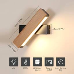 COMELY Wooden Indoor Wall Lights, 4W 360 Degree Rotatable Interior Wall Lights in Black - thumbnail 6