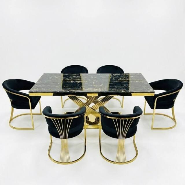 HOME LUXE INTERIOR Elina 180cm Black & Gold Marble Dining Table & 6 Porado Chairs Set - Size: 180 cm - image 1