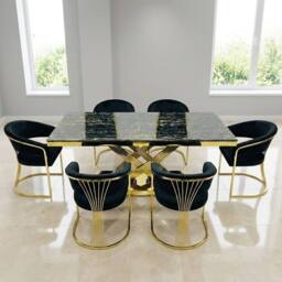 HOME LUXE INTERIOR Elina 180cm Black & Gold Marble Dining Table & 6 Porado Chairs Set - Size: 180 cm - thumbnail 2